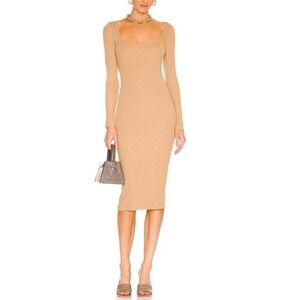 NWT Monrow M Ribbed Square Neck Midi Dress in Latte Tan 130493